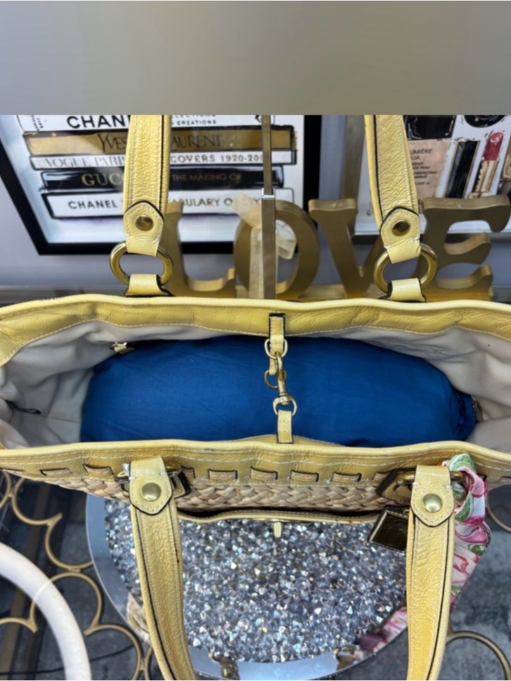 Coach Legacy Yellow Leather  Straw Tote with Pink Floral Applique and Scarf - Picture 7 of 15
